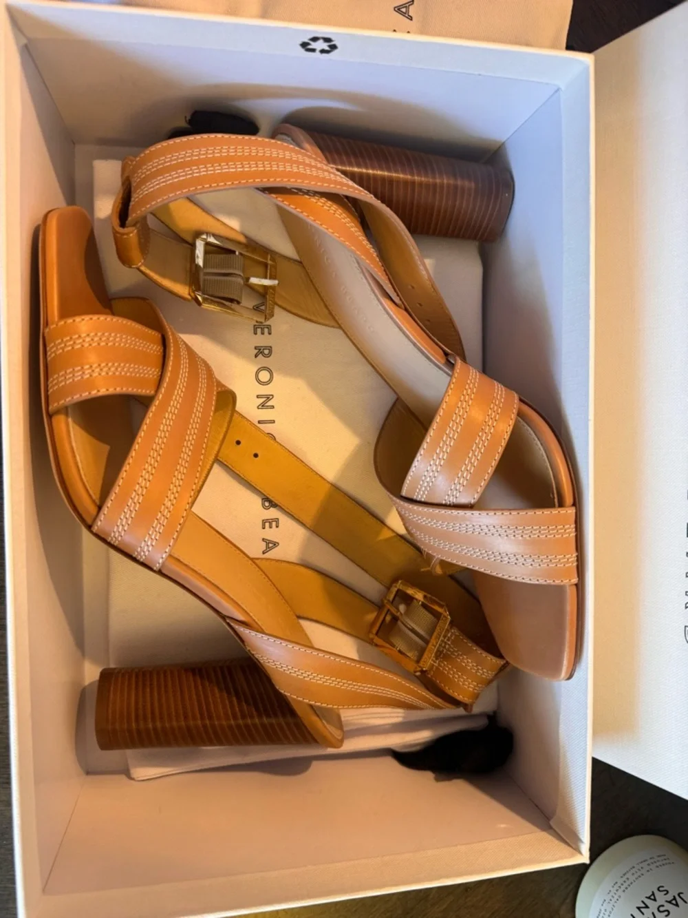 Veronica Beard Tan Leather Block-Heel Sandals with Gold Buckle - Picture 4 of 11